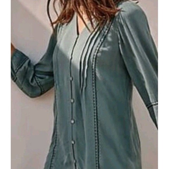 J. Jill Blouse Size M Petite Button Green Pleaded Embroidery 3/4 Sleeve Rayon - Picture 1 of 10